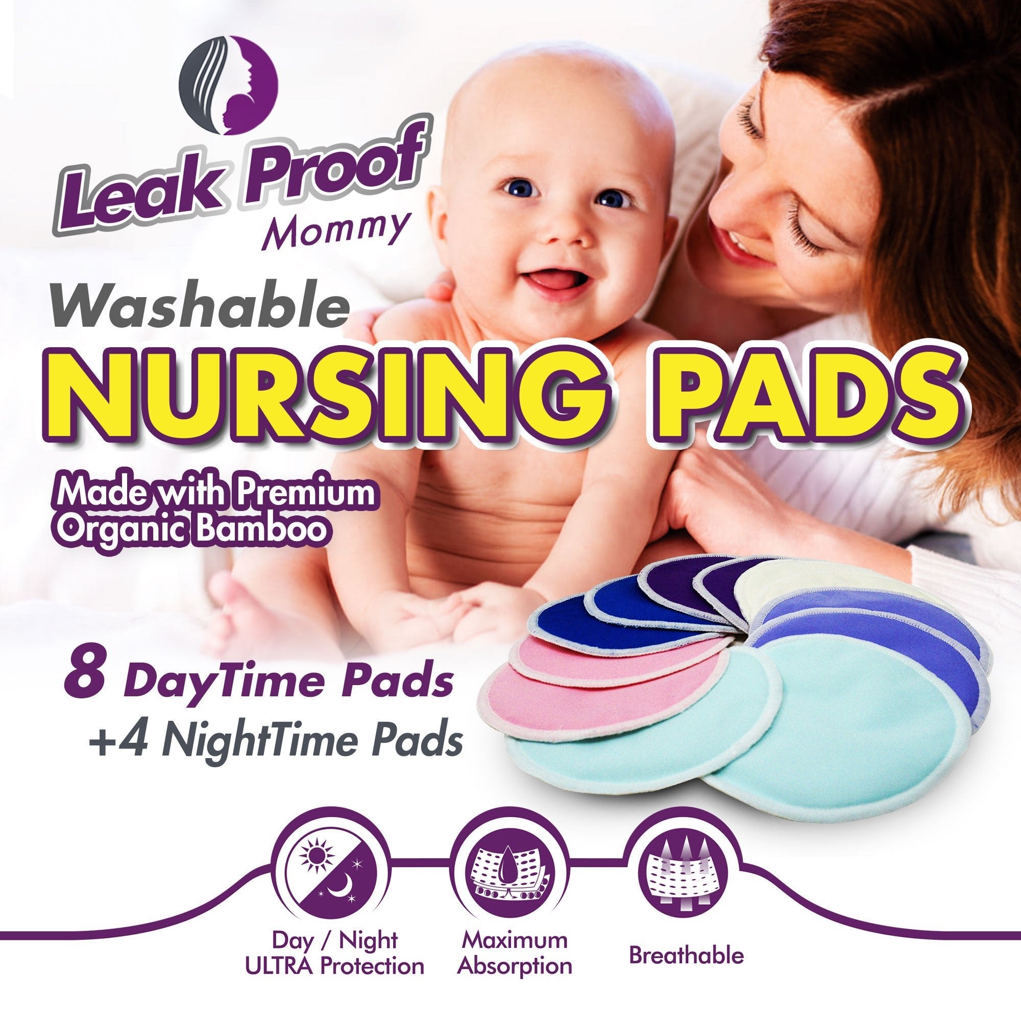 Organic Bamboo Washable Nursing Pads - 12 Pack (Day + Night Protection)