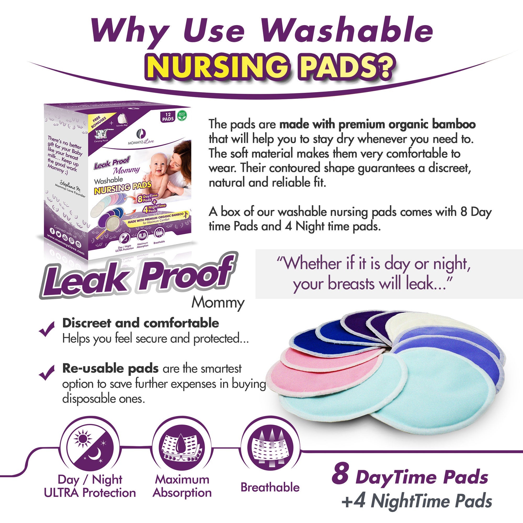 Organic Bamboo Washable Nursing Pads - 12 Pack (Day + Night Protection)