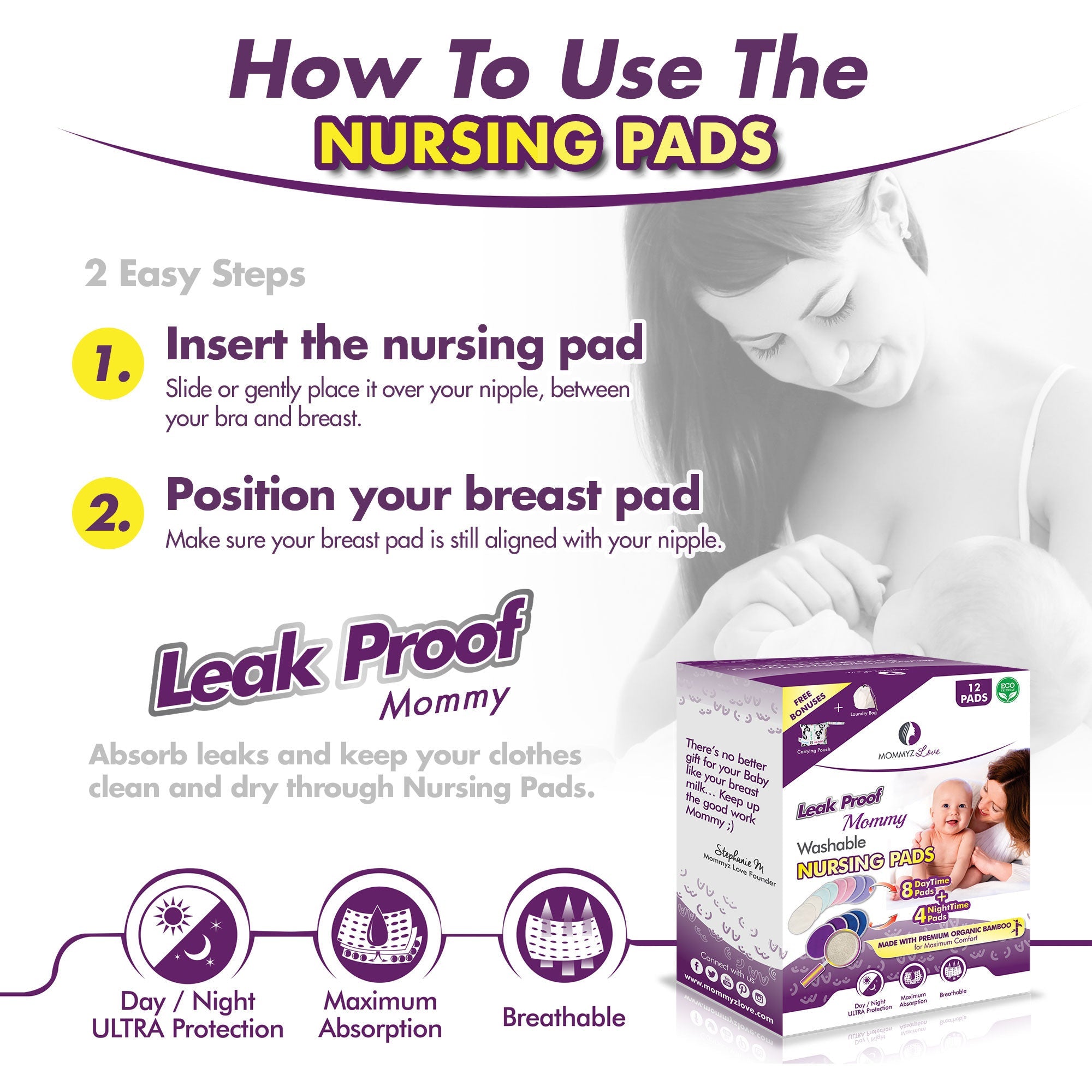 Organic Bamboo Washable Nursing Pads - 12 Pack (Day + Night Protection)
