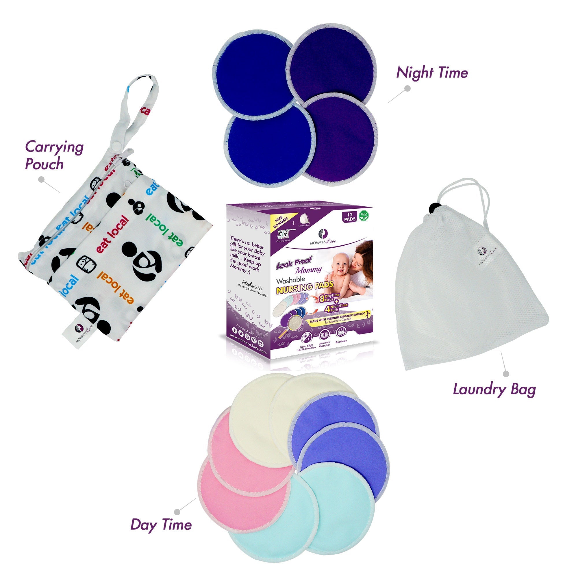 Organic Bamboo Washable Nursing Pads - 12 Pack (Day + Night Protection)