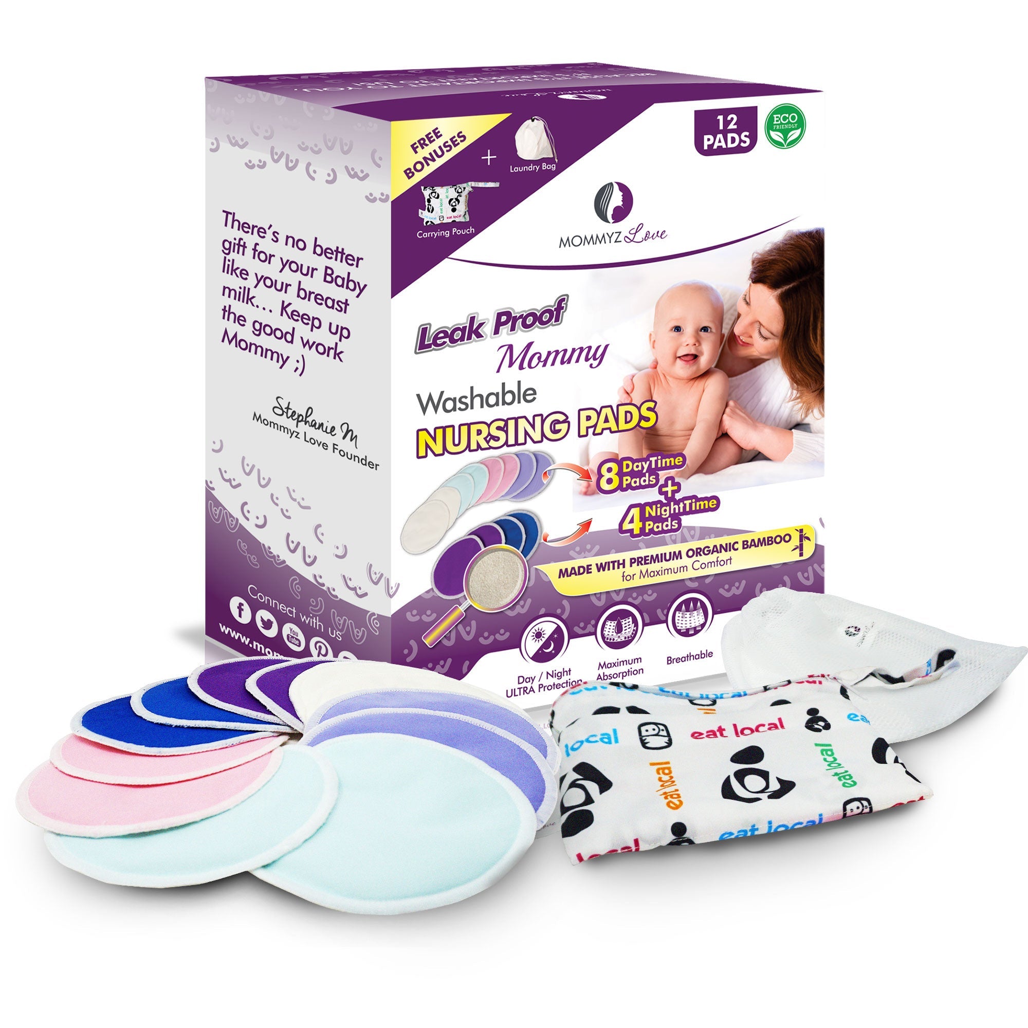 Organic Bamboo Washable Nursing Pads - 12 Pack (Day + Night Protection)